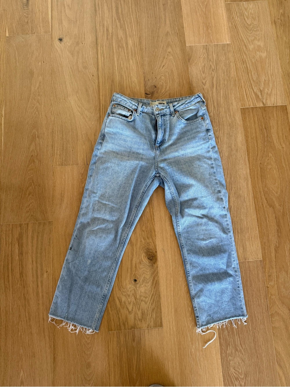 Topshop Light Blue Straight Leg Jeans with Raw Hem